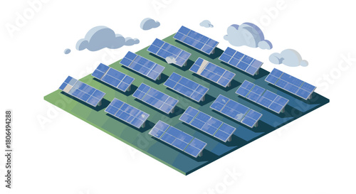 Isometric solar panels with cloudy sky on green field