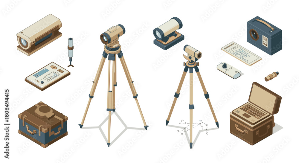 Vintage surveying equipment set with isometric electronic devices for mapping and measurement
