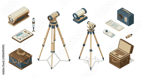 Vintage surveying equipment set with isometric electronic devices for mapping and measurement
