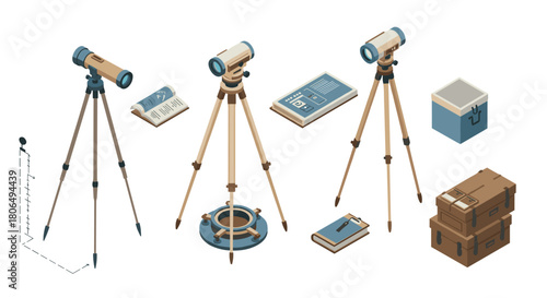 Isometric telescope set with tripods, books, and storage boxes