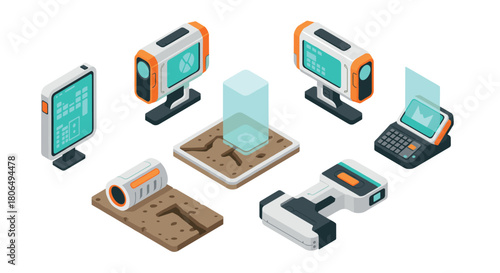 Futuristic isometric gadgets and interfaces for technology design projects