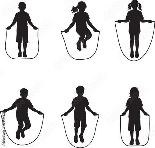 Kids Jumping Rope Skipping Silhouette Vector Set