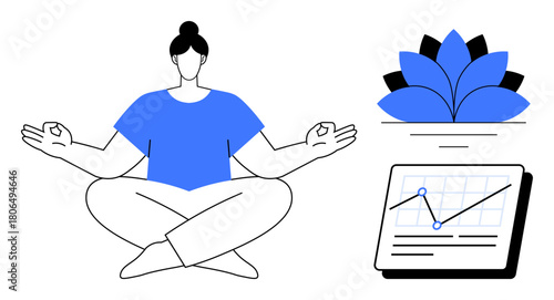 Calm woman meditating in lotus position, serene blue lotus flower, and upward trend graph. Ideal for mindfulness, productivity, balance, wellness, self-care growth simplicity. A simple flat