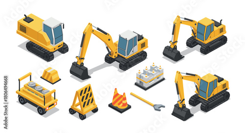 Isometric construction equipment set with excavators, tools, and barriers