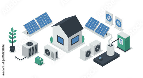 Sustainable energy solutions: isometric home with solar panels and hvac systems