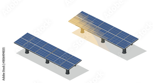 Isometric solar panel array with sunlight reflection