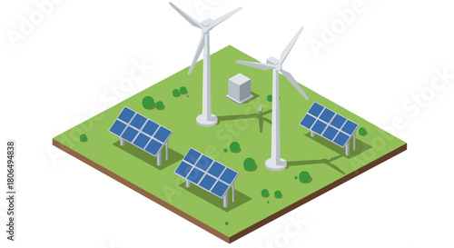 Isometric renewable energy landscape with solar panels and wind turbines