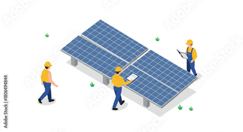 Technicians analyzing solar panel installation in isometric design