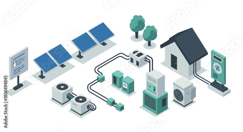 Isometric renewable energy setup with solar panels and power storage