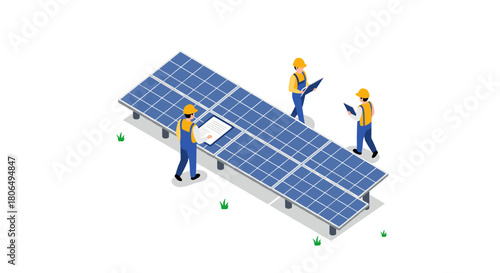 Technicians inspecting solar panel installation in isometric design