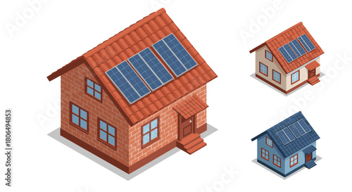 Modern eco-friendly isometric homes with solar panels