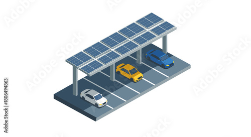 Isometric solar carport with electric vehicles in parking lot
