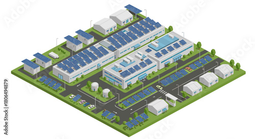 Sustainable isometric cityscape with solar panels and green technology