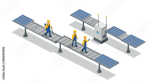 Isometric solar panel installation process featuring workers on conveyor belts and machinery