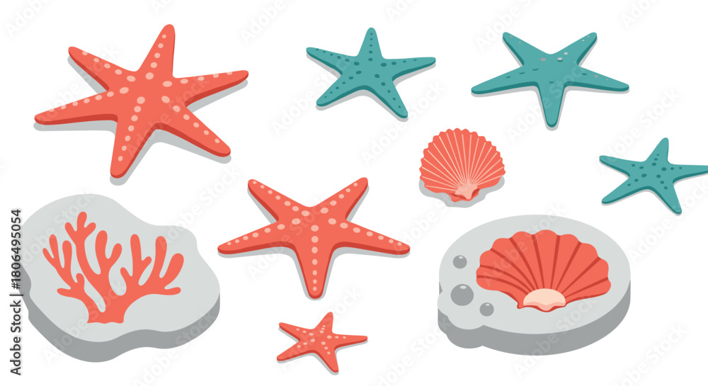 Obraz premium Colorful marine life: starfish and shells in modern flat design