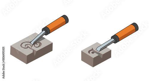 Isometric wood carving tools with chisel and block for craft and design projects