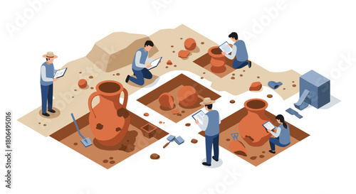 Archaeologists discover ancient pots in isometric excavation scene