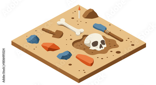 Isometric archaeological dig with skull, artifacts, and tools on sand