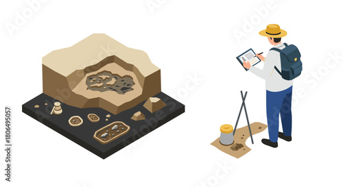 Isometric archaeologist analyzing ancient artifacts at dig site