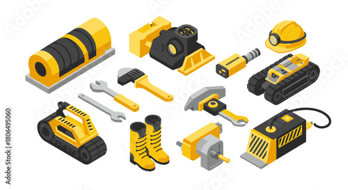 Isometric construction tools and machines set in yellow and black theme