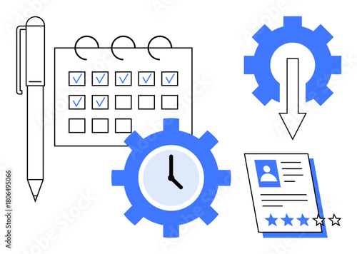Calendar with task checkmarks, gear with clock, resume with ratings, pen, arrows. Ideal for productivity, automation, time management, HR processes hiring evaluation simple flat metaphor