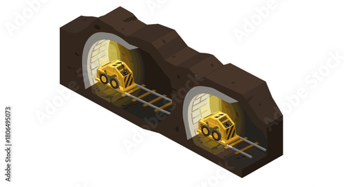 Isometric mining tunnel with underground rail and machinery in cross-section view