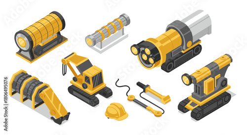 Isometric construction machinery set with excavator, drills, and equipment in yellow and gray