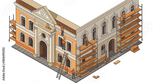 Historic building renovation isometric scene with construction workers