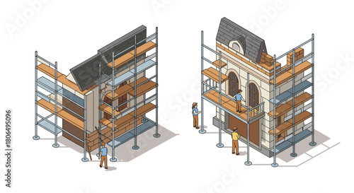 Isometric building construction process with scaffolding and workers