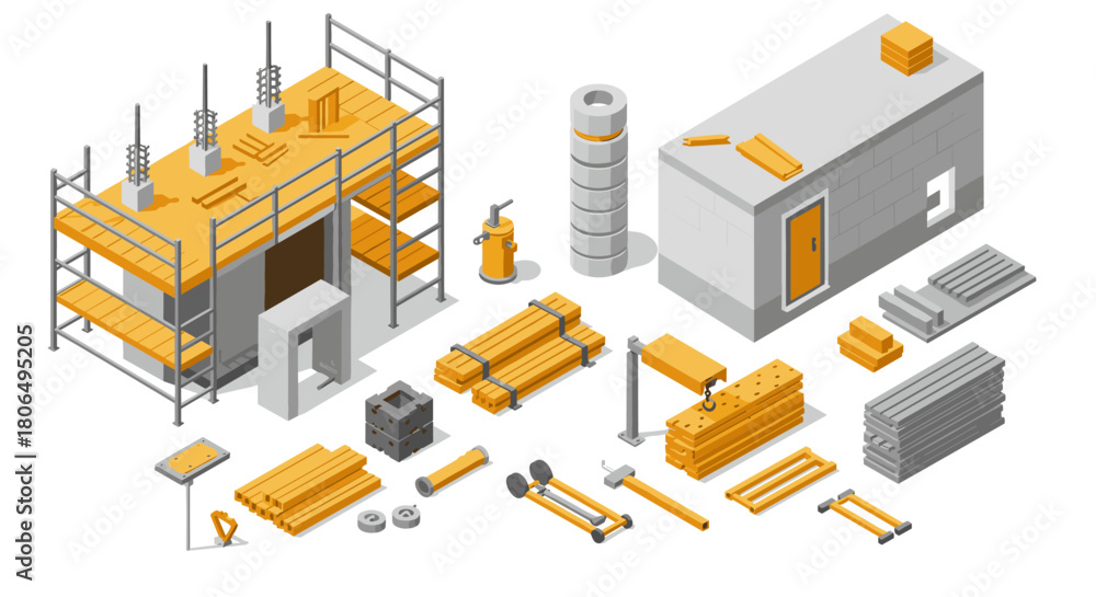 Obraz premium Isometric construction site materials and tools set in orange and gray