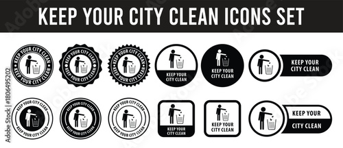keep your city clean sign, logo, badge, icon, sticker, label, emblem, stamp. Man throwing garbage symbol simple design, Throw trash vector symbol for cleanliness, Waste disposal icon for smart city