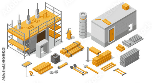 Isometric construction site materials and tools set in orange and gray