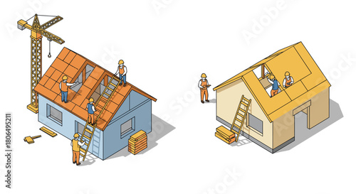 Construction workers building houses with crane and ladders in isometric design