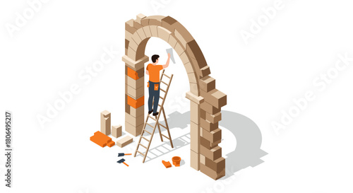 Isometric masonry arch construction with craftsman on ladder