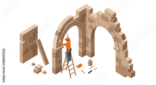 Isometric worker building stone arches with tools and ladder