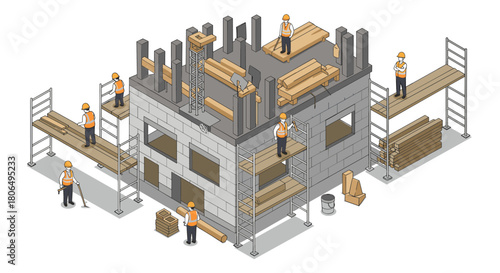 Isometric construction site with workers building a multi-story structure