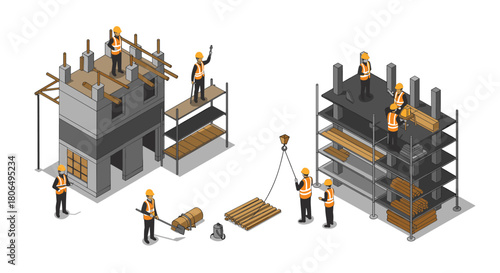 Isometric construction site with workers and scaffolding in action