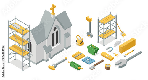 Church renovation tools and scaffold isometric set for construction projects