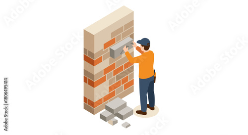 Builder constructing brick wall isometric design
