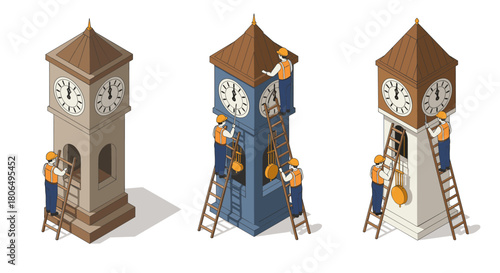 Workers fixing clock towers: isometric design of men at work on three clock towers