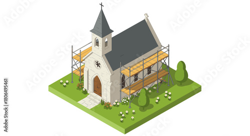 Renovation of an isometric church with scaffolding and garden in spring setting