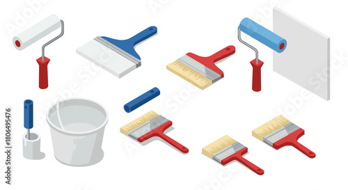Isometric painting tools set with brushes and rollers for home renovation