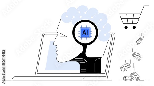 Human head with AI chip on a laptop, shopping cart, and coins illustrates e-commerce, tech innovation, machine learning, digital transformation, automation, cost efficiency, and future commerce