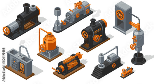 Isometric vintage steam machines collection with industrial components and details