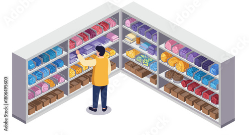 Man shopping in fabric store with colorful shelves in isometric design