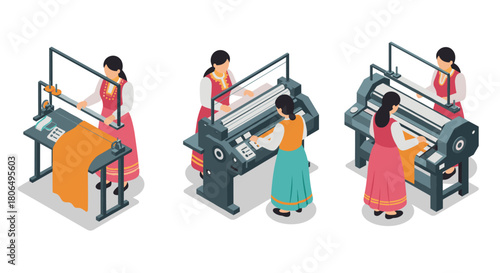 Traditional textile weaving process featuring women in workshop isometric design
