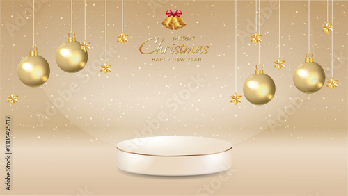 Product podium with christmas sparkle golden stars and christmas tree bauble elements vector illustration