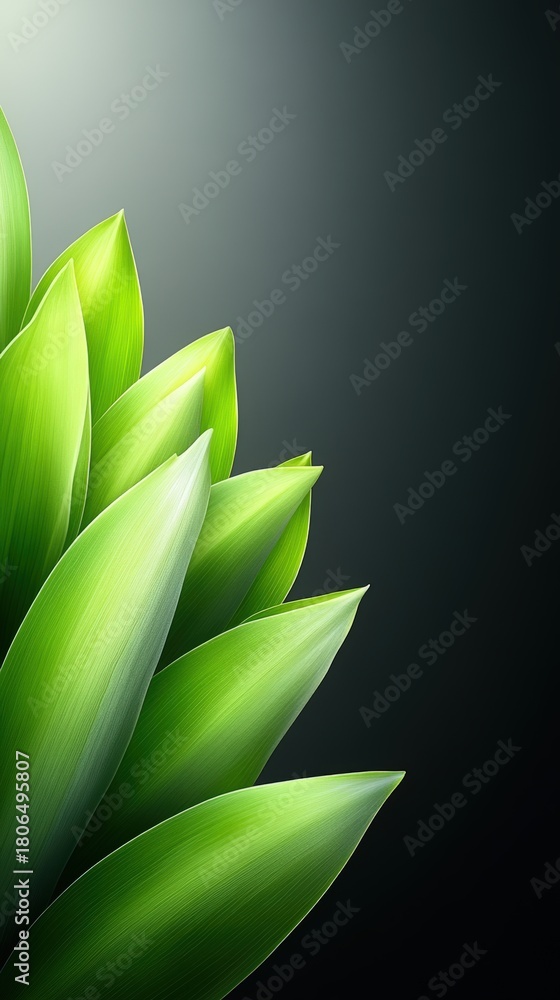 Fototapeta premium Vibrant green leaves are positioned against a dark background, showcasing their intricate details and textures, This image is ideal for nature-themed projects, advertisements, and wellness concepts,