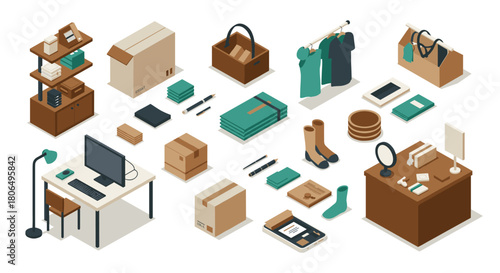 Isometric office and home organization with minimalist icons and storage solutions