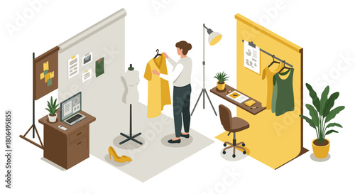 Fashion design studio isometric room layout with sewing equipment and designer